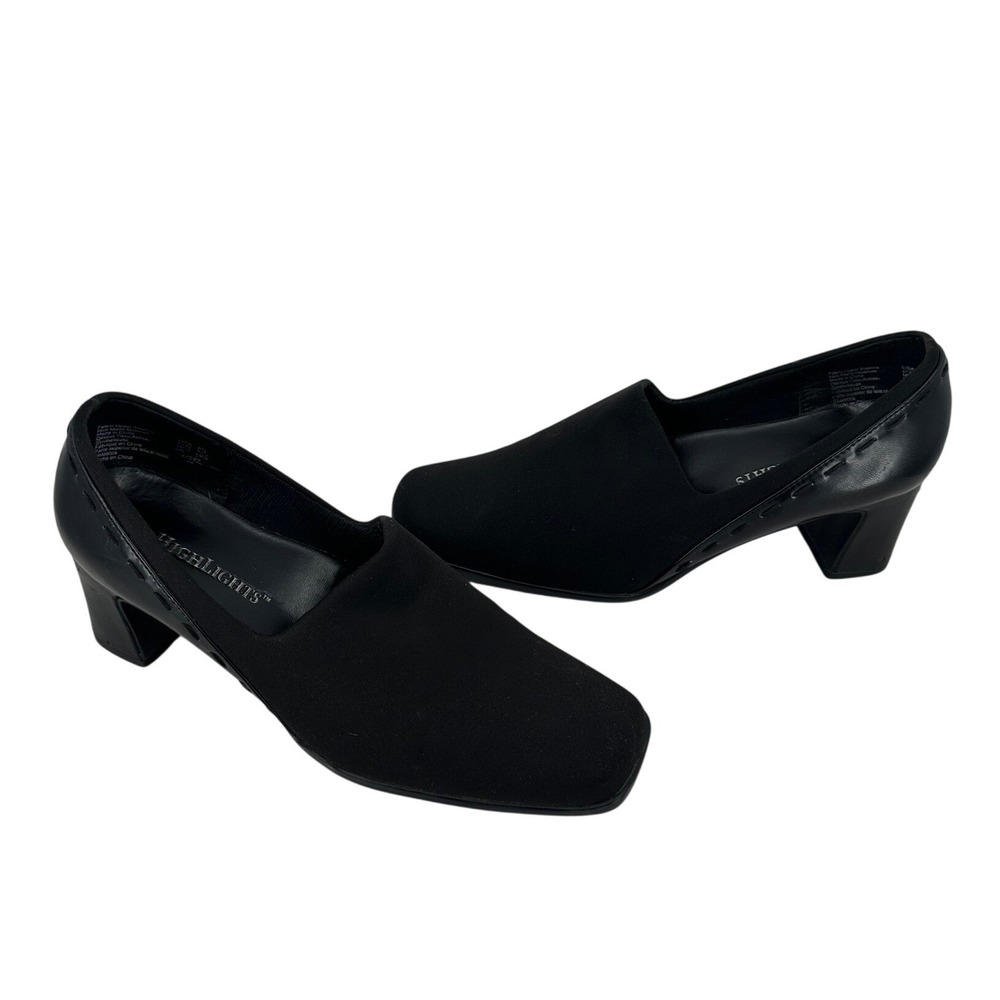 Highlights Womens Black Square Toe Block Heel Pumps Mixed Media Whipstitch 8.5